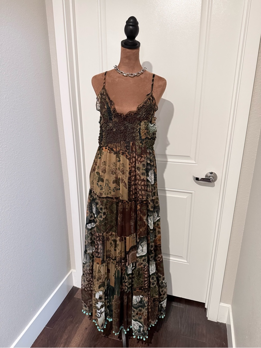 America Santino by Gianna Cappe Patchwork Boho Maxi Dress One Size Pom Pom Hem